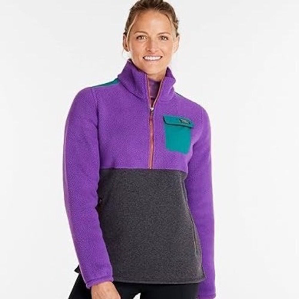 LL Bean‎ Fleece Pullover Women M Petite Purple Colorblock  ASO Yellowjackets